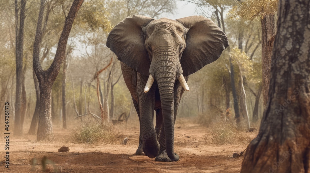African elephant walking swinging his trunk against a forest background