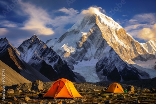 View of broad peak and k2 mountain at concordia campsite, k2 base camp trek, karakoram, pakistan. Generative AI photo