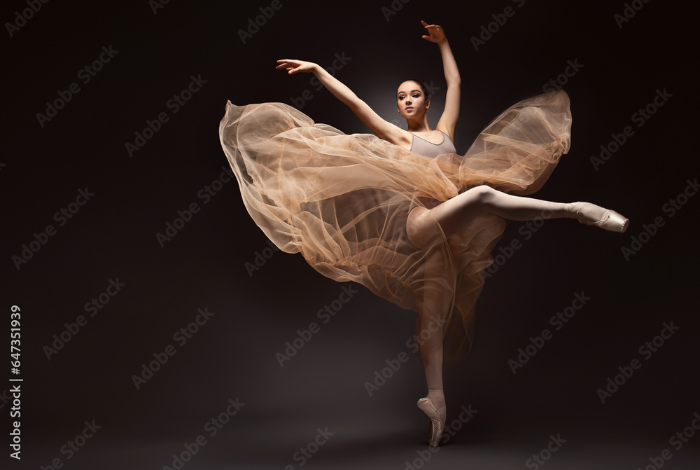 Ballerina. Young graceful woman ballet dancer, dressed in professional outfit, shoes and beige weightless skirt is demonstrating dancing skill. Beauty of classic ballet. - obrazy, fototapety, plakaty 