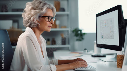 Senior adult woman working on desktop computer in glasses
