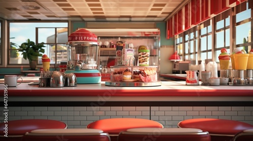 an image of a retro diner counter with pie slices and milkshakes