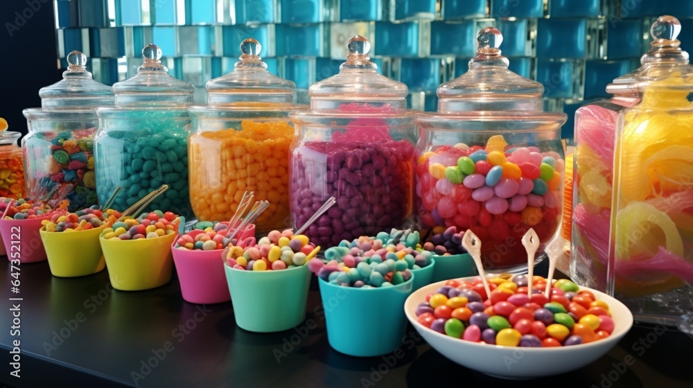 an image of a sugar rush-inducing candy buffet at a child's birthday party - obrazy, fototapety, plakaty 