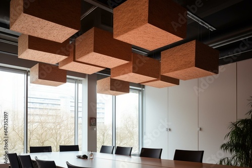 Ceiling-mounted wood wool panels for noise reduction in an office. Generative AI