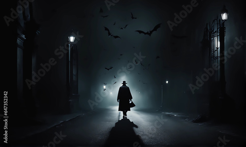 A man in black walks alone on the road in foggy night