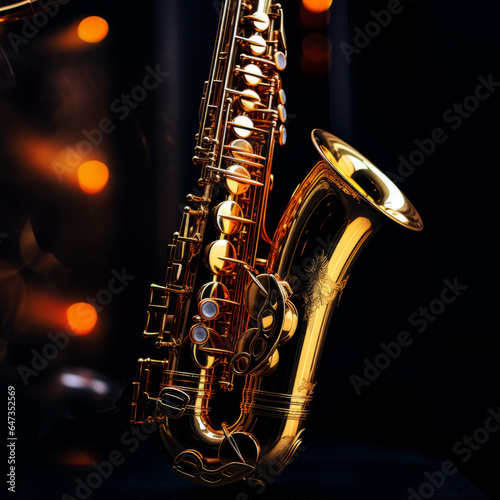 Closeup of a golden saxophone with dark background