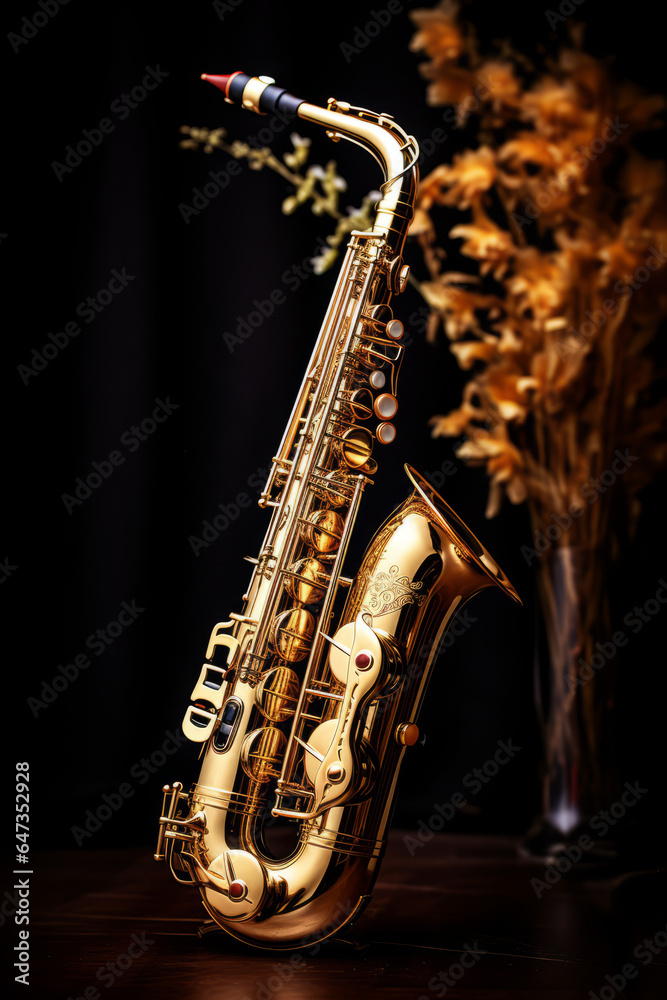 Naklejka premium Closeup of a golden saxophone with dark background