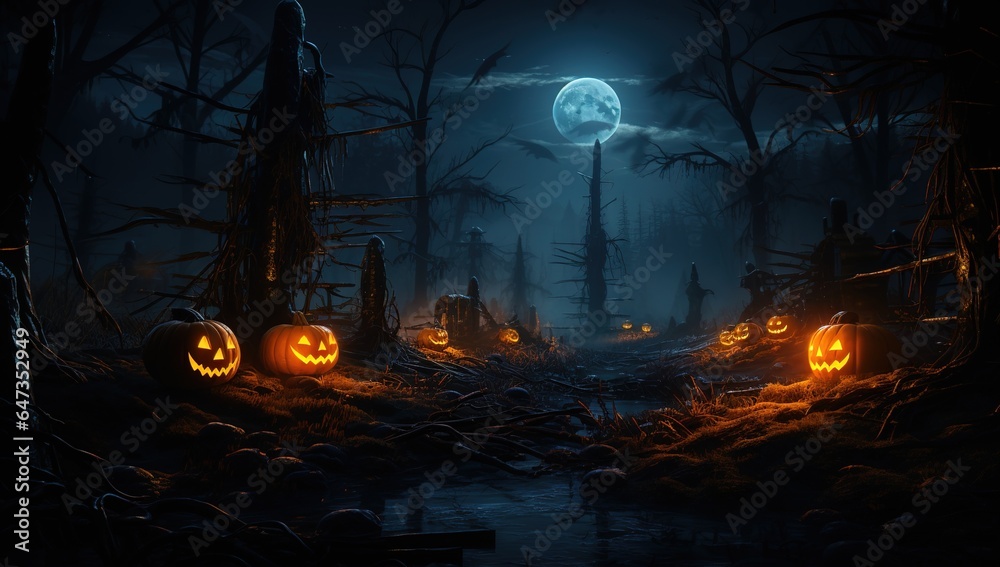 Halloween celebration, pumpkin house and cemetery