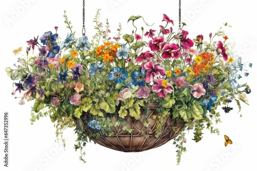 Vivid hanging basket of colorful flowers depicted in a intricate illustration set against a white background. Generative AI