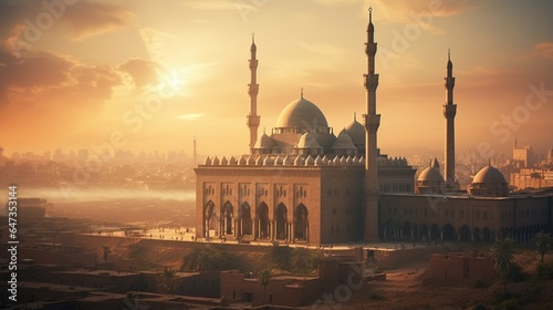 an image of the Mosque-Madrasa of Sultan Hassan that embodies the timelessness and charm of Cairo's historic citadel at sunset