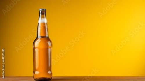 Full beer bottle on the side of a table, in yellow tone photo