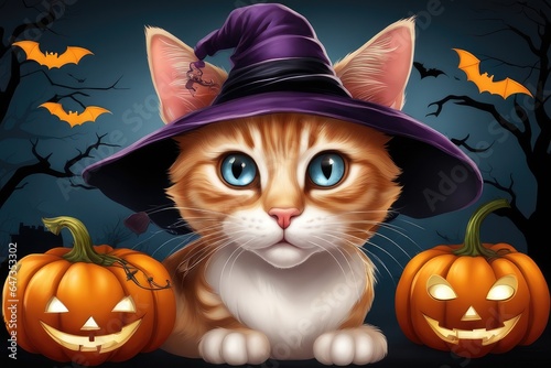 halloween background with pumpkins  cat and bats
