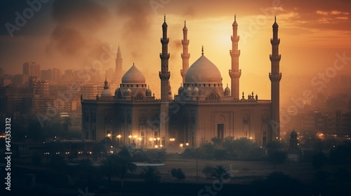 an image that captures the essence of Sultan Hassan's architectural brilliance against the Cairo Citadel's evening glow