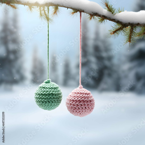 Two knitted balls of soft pastel colors hanging on a pine branch, snowy forest in the background. Minimal nature inspired Christmas and New Year greeting card.