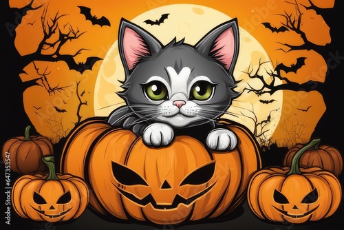 halloween background with pumpkins, cat and bats