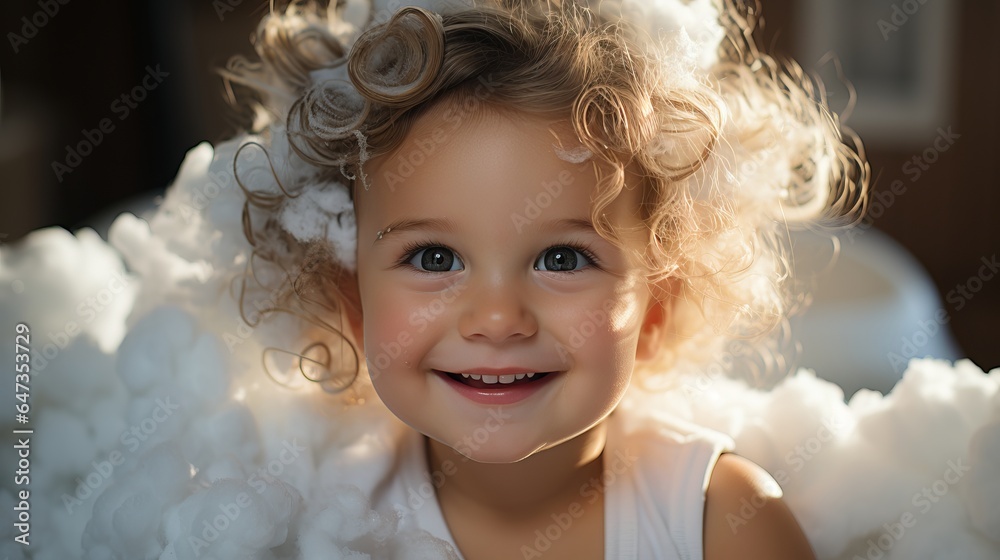 Cute smiling toddler in bath foam. bathing baby's hair without tears. Curly-haired kid laughing and funny, close-up shot
