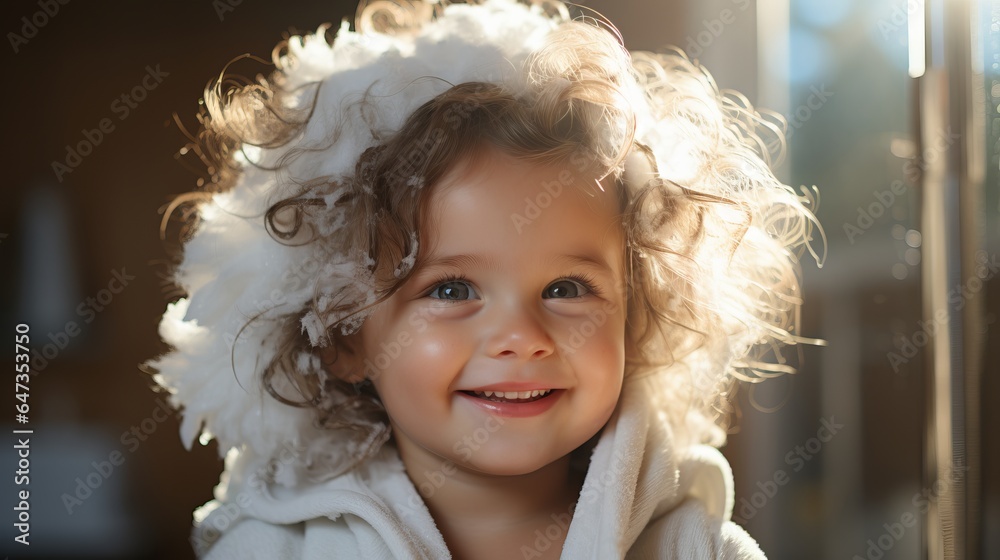 Cute smiling toddler in bath foam. bathing baby's hair without tears. Curly-haired kid laughing and funny, close-up shot
Cute smiling toddler in bath foam. bathing baby's hair without tears. Curly-haired kid laughing and funny, close-up shot