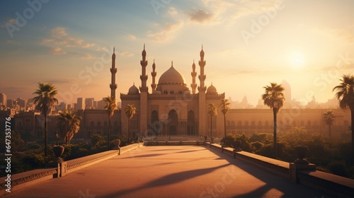 an image that emphasizes the harmonious blend of simplicity and grandeur in Sultan Hassan's architectural gem at sunset