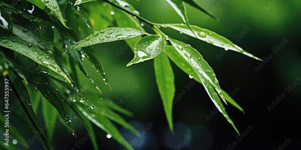 Young branches of bamboo on the leaves of which there small drops of rain. Generative AI Young branches of bamboo on the leaves of which there small drops of rain. Generative AI