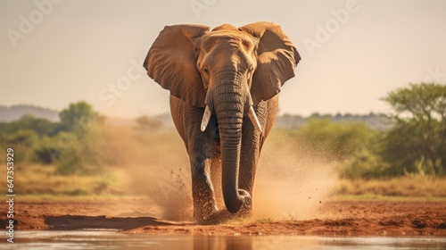 An African elephant walks swinging its trunk and spouting water under the hot sun © MBRAMO