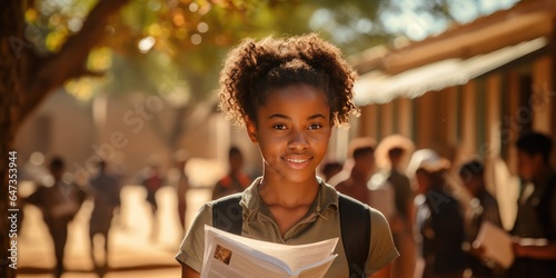 African girl with textbooks, first day of school. Generative AI photo