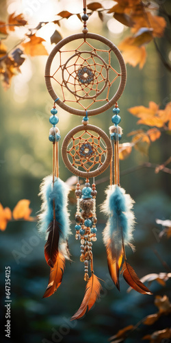 Dreamcatcher in the autumn forest, ethnic amulet, symbol. Generative AI