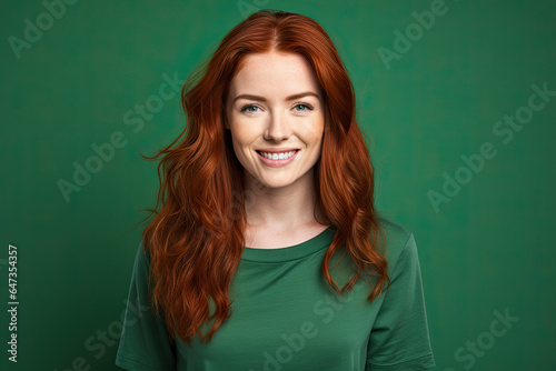 Portrait of an attractive smiling woman with long red hair, wearing green on a green background © Lucy Welch