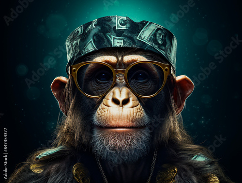 Monkey with glasses and a baseball cap on a dark background