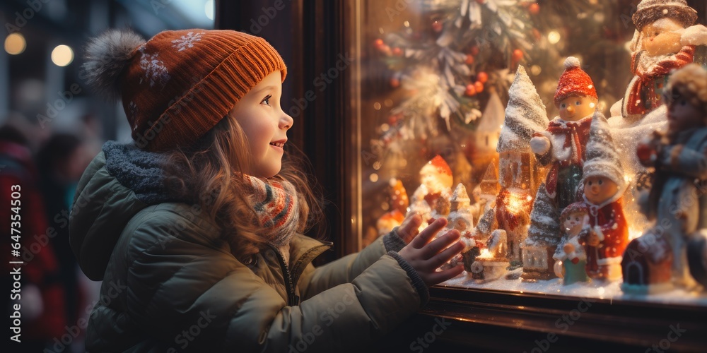 A child looks at a store window in winter, Christmas. Generative AI