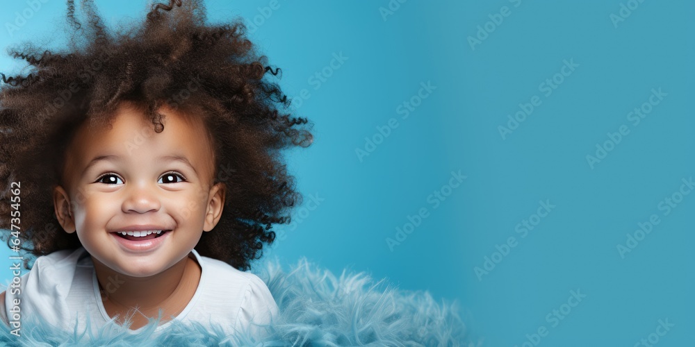 Little cute African baby on a blue background. Place for text. Generative AI Little cute African baby on a blue background. Place for text. Generative AI