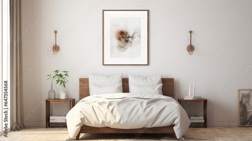 Fototapeta premium Minimalist bedroom interior with a white frame mockup on the wall, Generative AI
