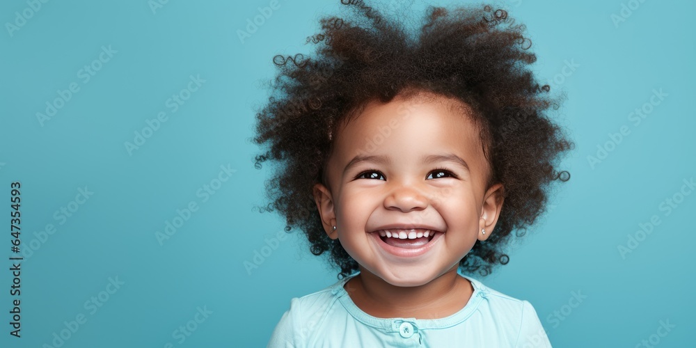 Little cute African baby on a blue background. Place for text. Generative AI Little cute African baby on a blue background. Place for text. Generative AI