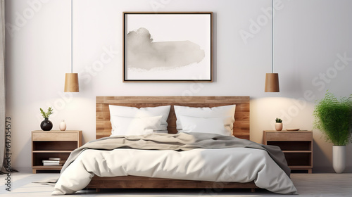 Minimalist bedroom interior with a white frame mockup on the wall  Generative AI