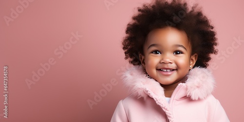 Little African child in a warm jacket on a pink background