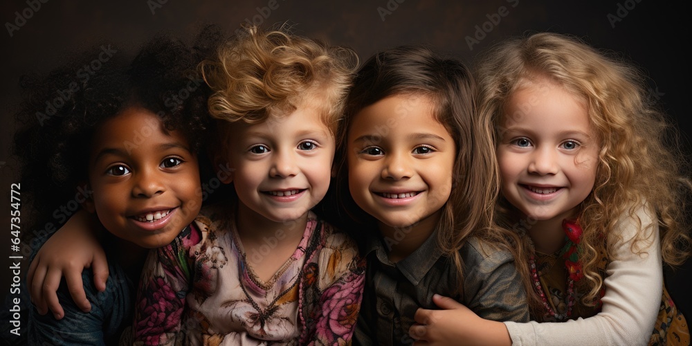 Portrait of group of cute children of different nationalities. Generative AI