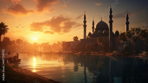 an image that reveals the simplicity and majesty of Sultan Hassan's Mosque-Madrasa against a picturesque sunset