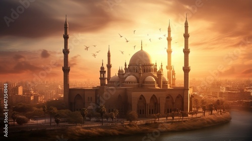 an image that showcases the elegance and majesty of the Mosque-Madrasa of Sultan Hassan at the Cairo Citadel during sunset