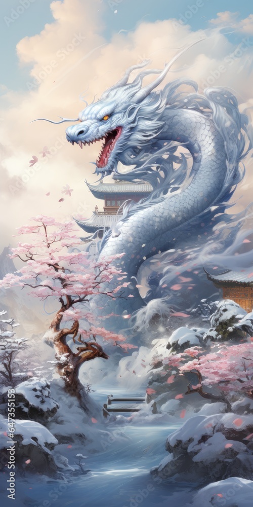 Obraz premium An illustration of a huge dragon in an old Asian city. Generative AI