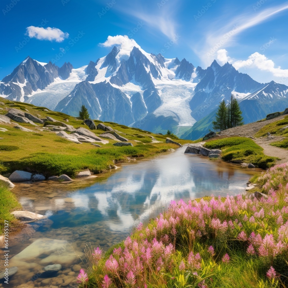 an original image of Lac Blanc in full summer bloom with Mont Blanc majestically dominating the skyline