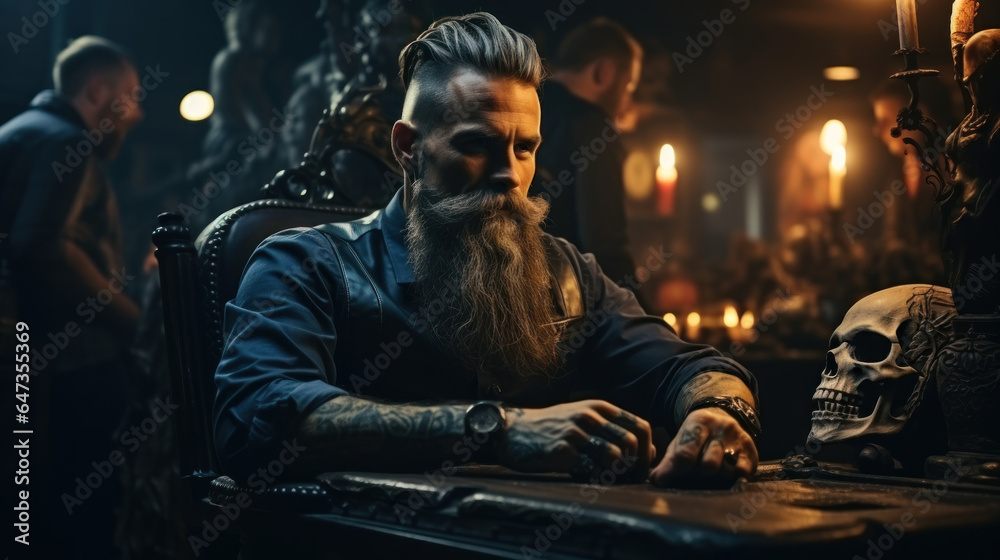 Handsome bearded man with tattoo on his arm sitting at the table in a dark room with scull.