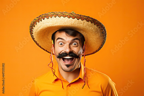 Portrait of an excited wide-eyed man with a large moustache, wearing a Mexican sombrero and orange shirt, on an orange background