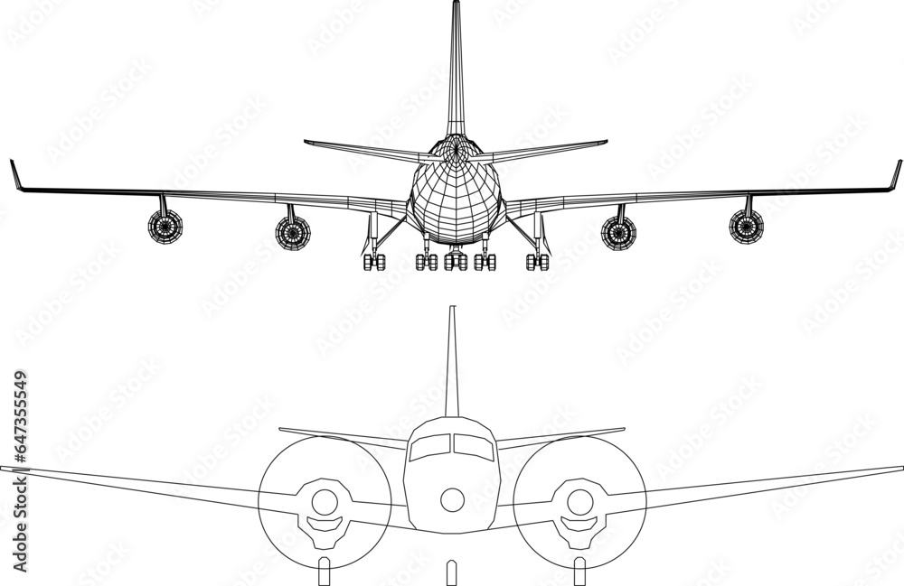 Vector sketch illustration of the design of a passenger aircraft flying vehicle seen from the front for completeness of the image
