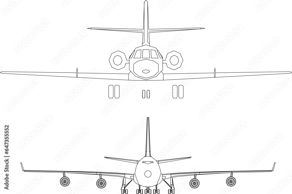 Vector sketch illustration of the design of a passenger aircraft flying vehicle seen from the front for completeness of the image Vector sketch illustration of the design of a passenger aircraft flying vehicle seen from the front for completeness of the image