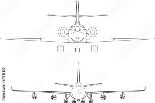 Vector sketch illustration of the design of a passenger aircraft flying vehicle seen from the front for completeness of the image