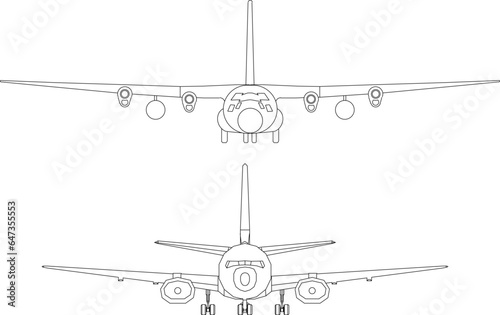 Vector sketch illustration of the design of a passenger aircraft flying vehicle seen from the front for completeness of the image