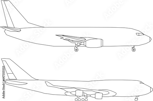 Vector sketch illustration of the design of a passenger aircraft flying vehicle seen from the side for completeness of the image