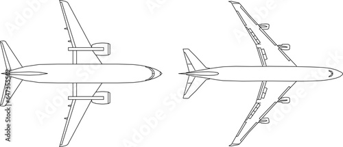 Vector sketch illustration of the design of a passenger aircraft flying vehicle seen from above for completeness of the image