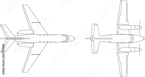 Vector sketch illustration of the design of a passenger aircraft flying vehicle seen from above for completeness of the image