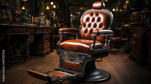 Brown leather barber chair in a barbershop. Luxury barbershop.