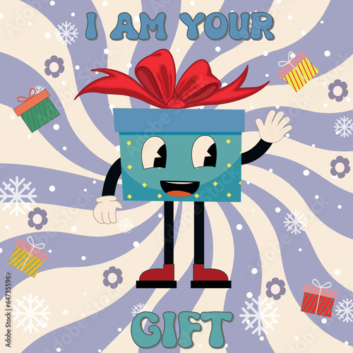 Cute groovy card with gift box in groovy style with text I am your gift.  Hippie Groovy Xmas sign Merry Christmas. Merry Christmas and Happy New year in trendy groovy hippie style. Vector illustration