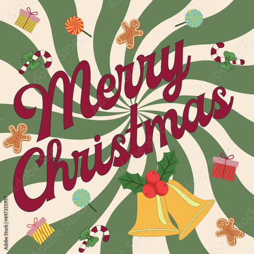Groovy hippie Christmas. Merry Christmas lettering. Happy New year greeting card, poster, template, print, party invitation, background.